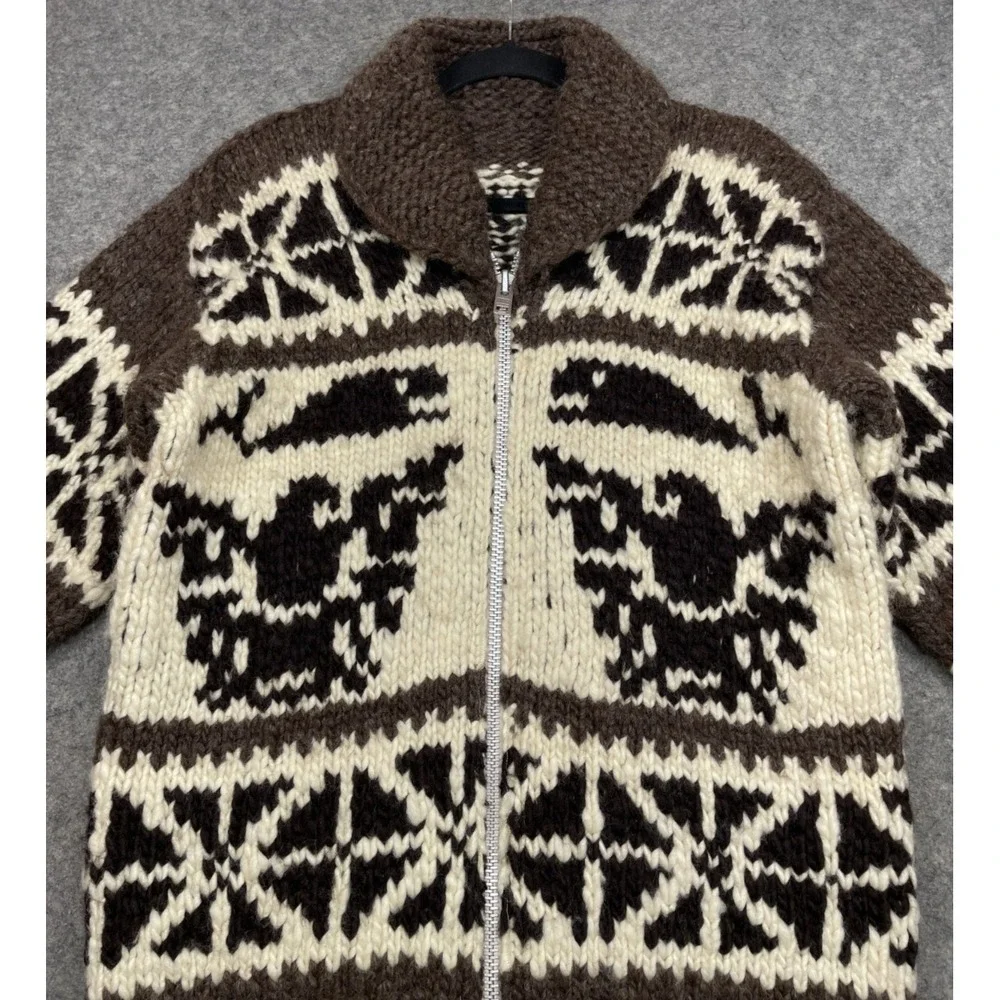 Vintage Cowichan Sweater Ivory Brown Medium Eagle Whale Hand Knit Native 60s 70s